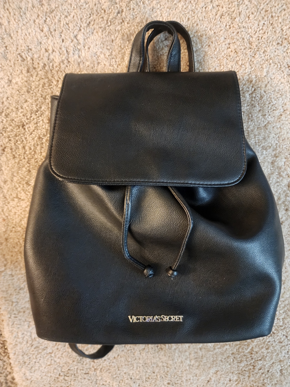 NEW Victoria's Secret Black Faux Leather Drawstring Backpack